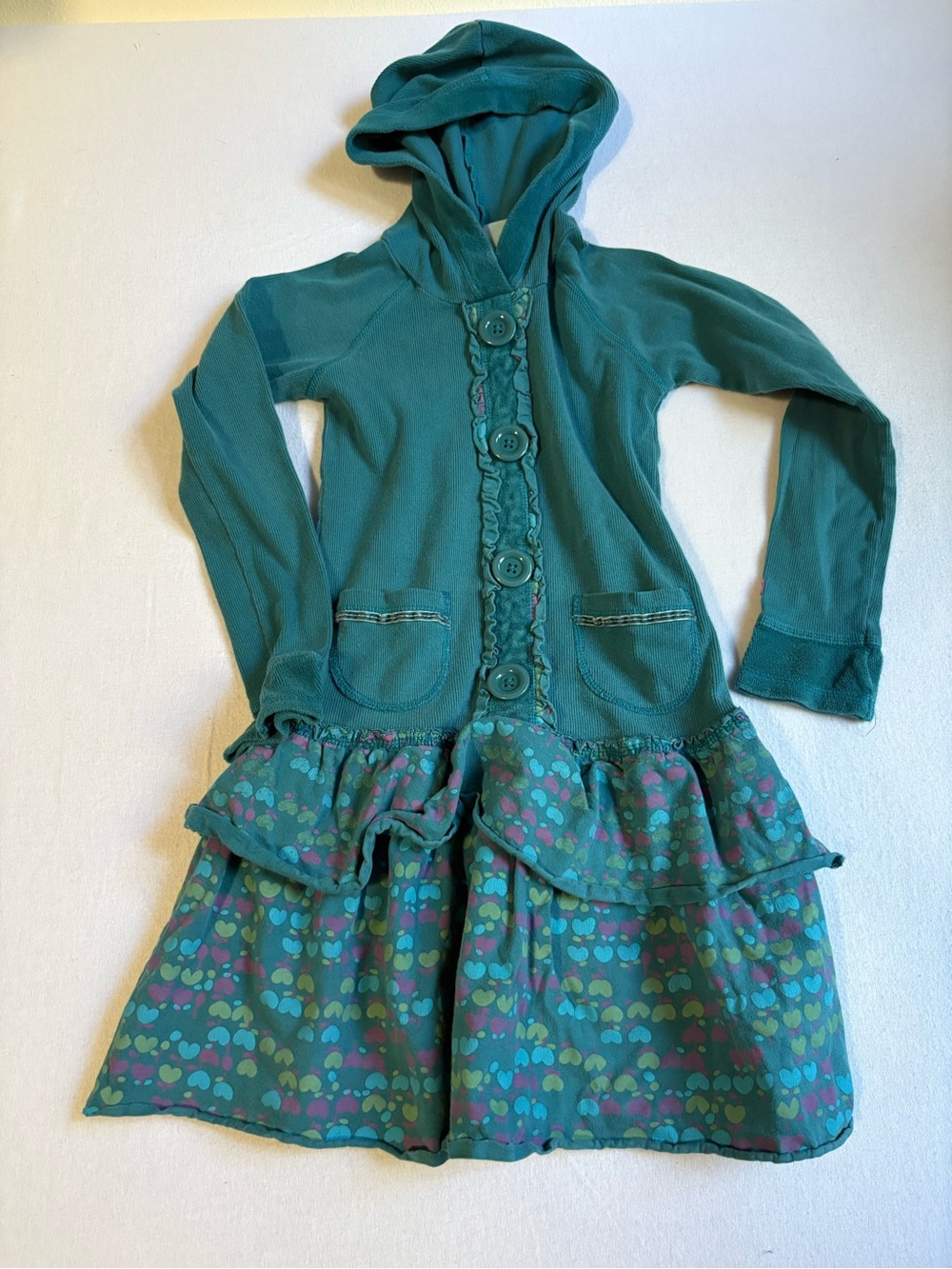 naartjie Teal Hooded Button-Front Ruffle Dress with Heart Print